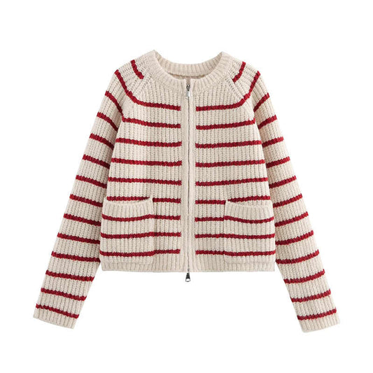 Preppy Round Neck Striped Wool Cardigan