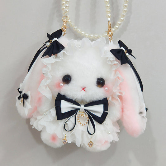 black bow plush rabbit pearls bag