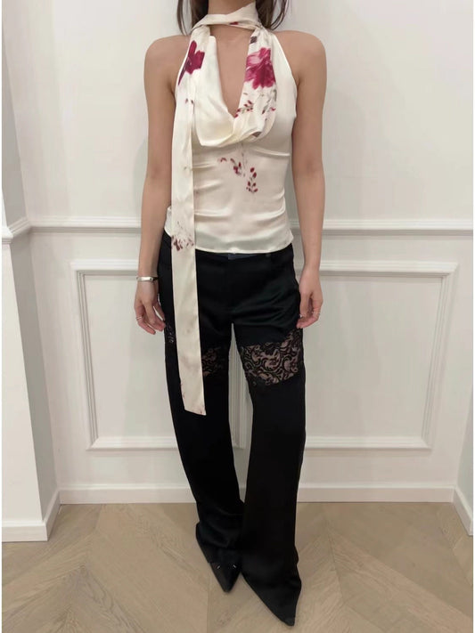 French Romantic Floral Draped Halter Neck Camisole