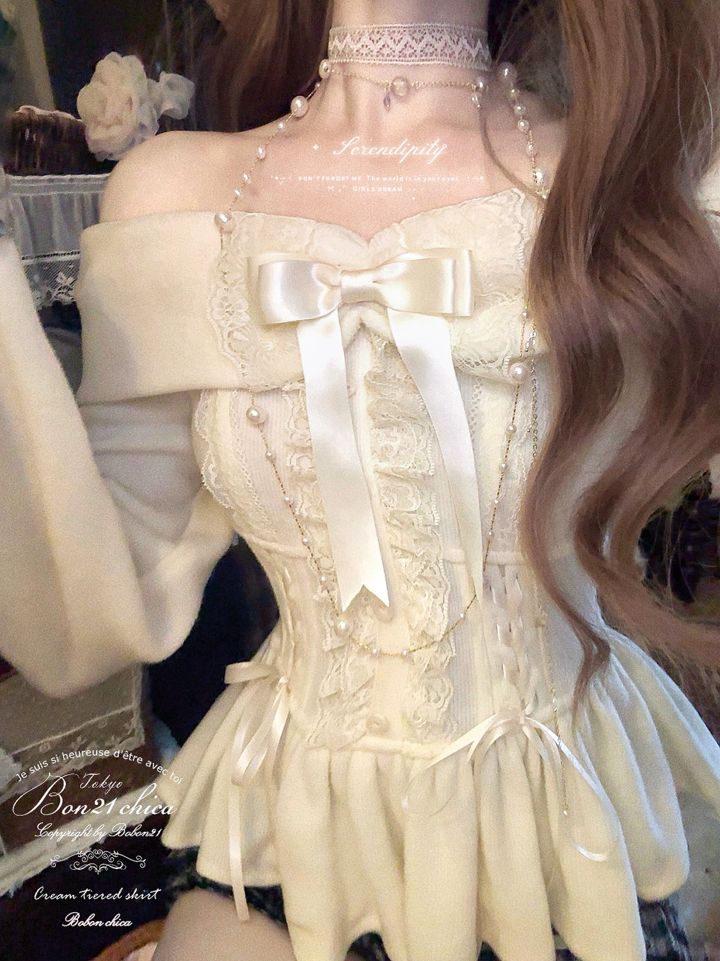 bow off-shoulder knit long-sleeved top