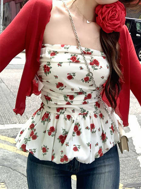 Retro Pure Desire Floral Tube Top + Cardigan