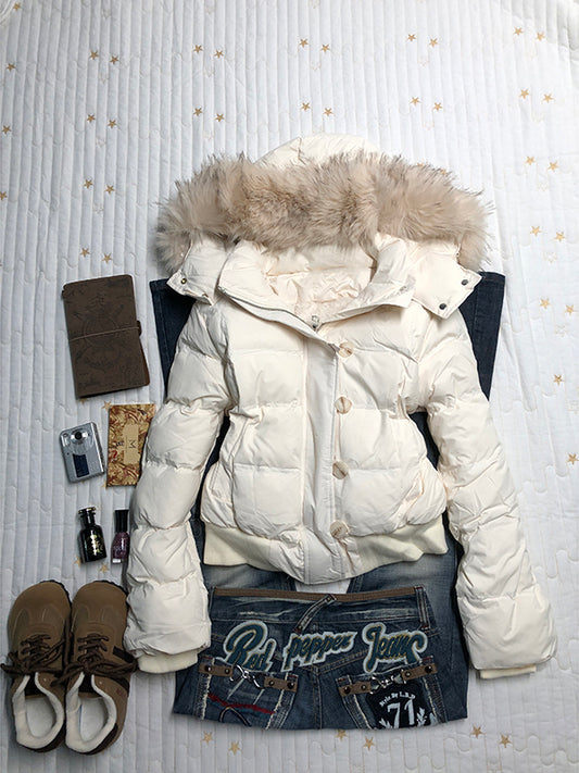 apricot fur collar hooded down jacket