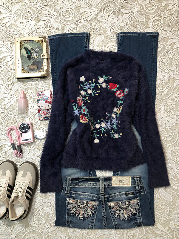 flower embroidery retro sweater