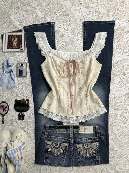 lace floral retro tank top