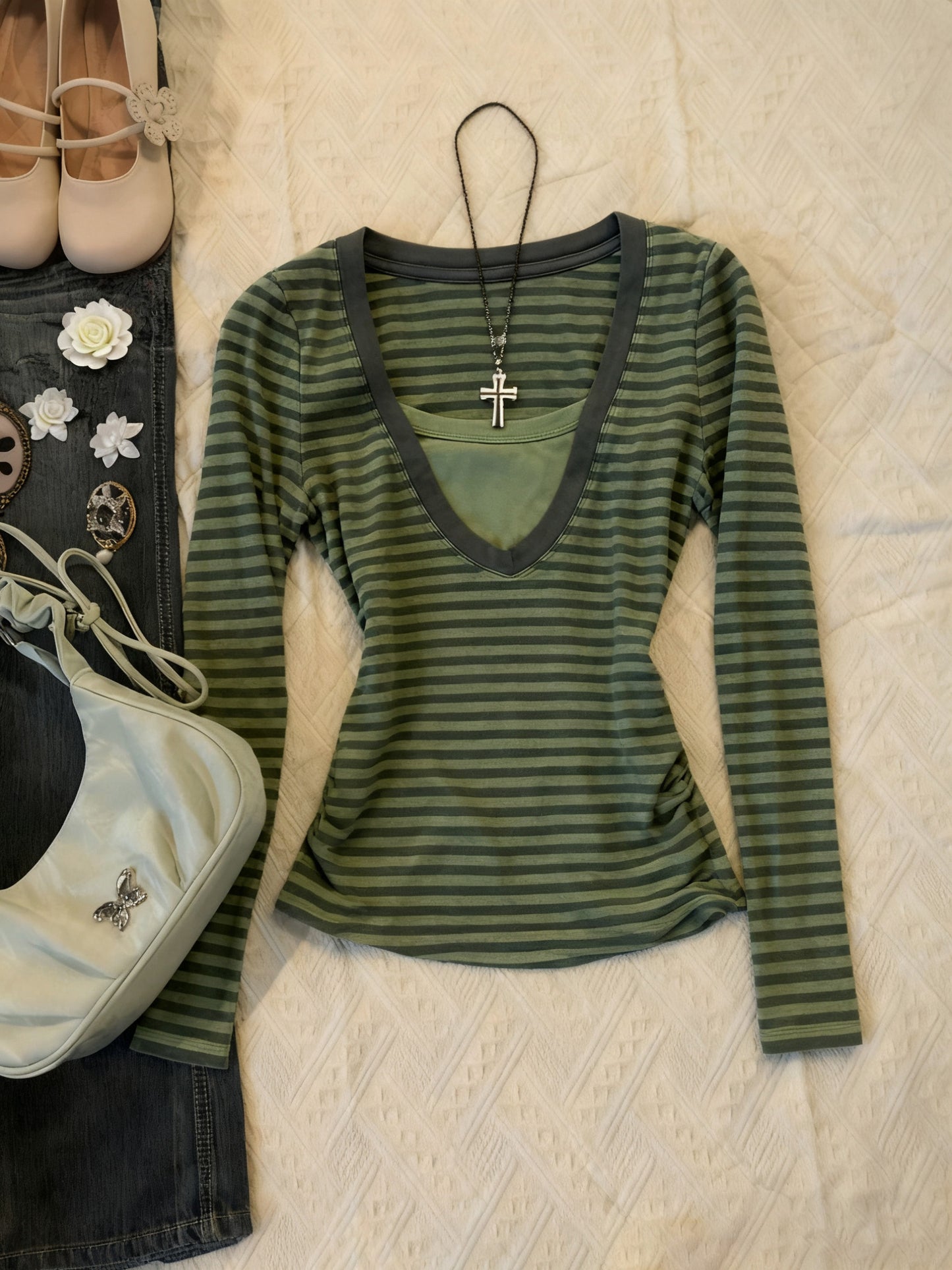 y2k retro striped long-sleeved top