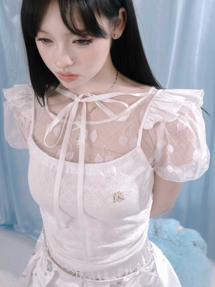 Jacquard Lace Mesh Puff-sleeve Top