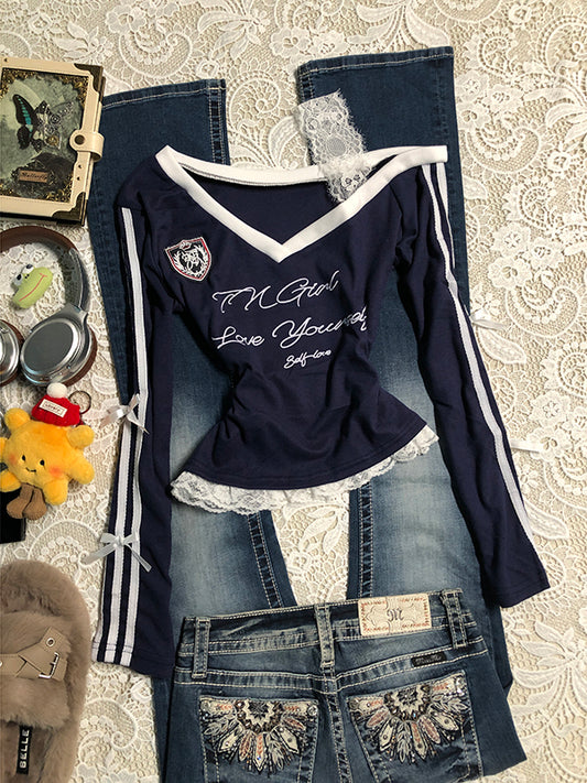blue V-neck lace splicing long-sleeved Top