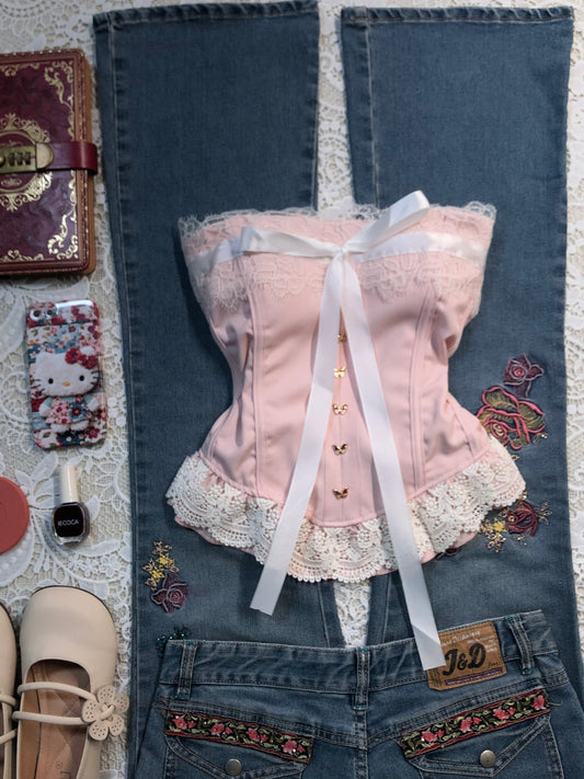 white bow lace pink top