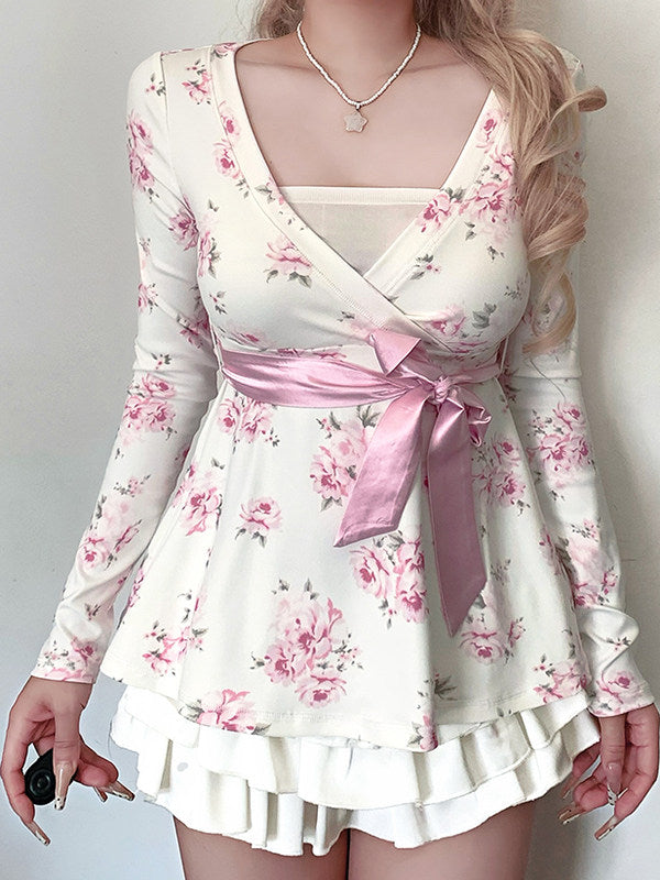 coquette floral bow long-sleeved shirt