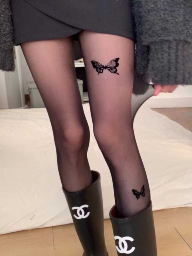 Butterfly Black Thigh High Socks