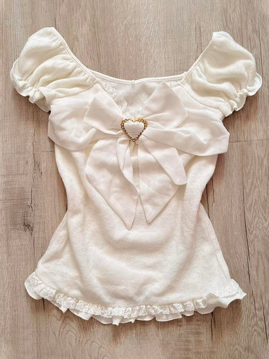 y2k bow white T-shirt