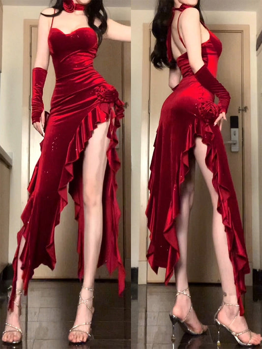 French retro red velvet suspender dress