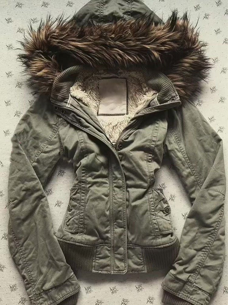 Retro fur collar hooded cotton jacket