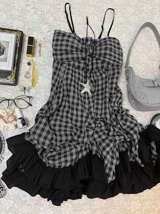 Retro Plaid Suspender Dress