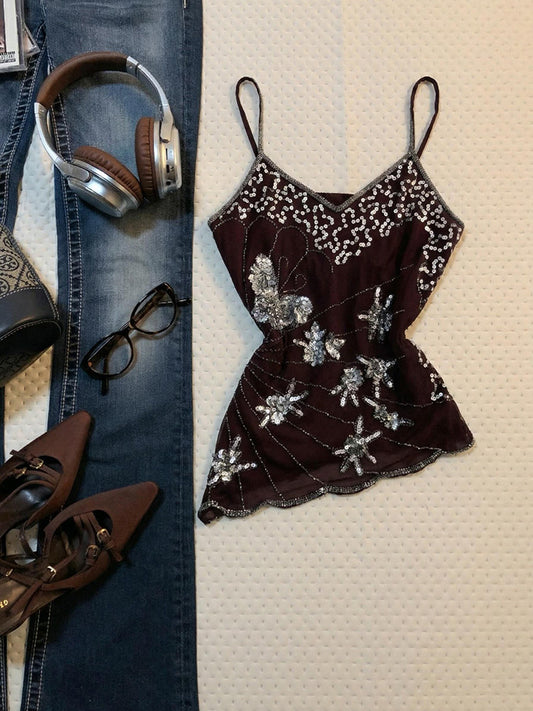 Vintage Brown Rhinestone Sequin Halter Top