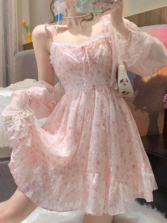Pink Floral Chiffon Suspender Dress