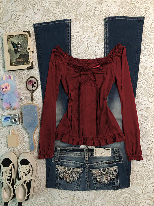 retro red lace bow strap long-sleeved top