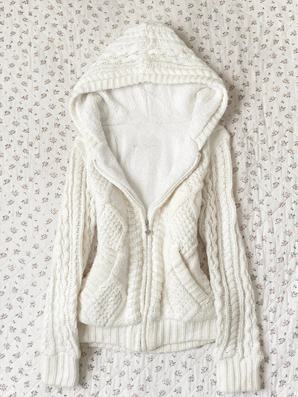 retro white hooded cardigan