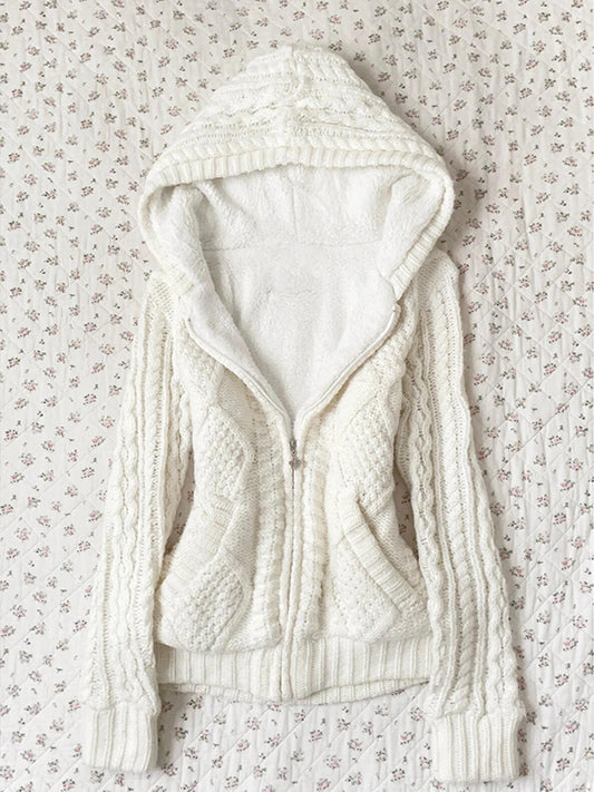 retro white hooded cardigan
