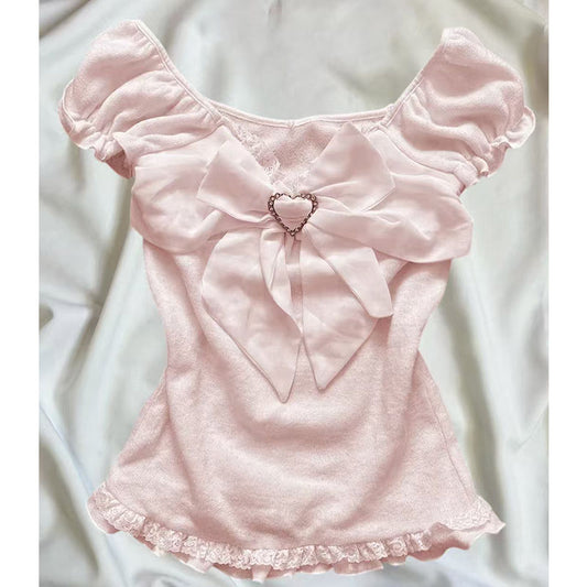Pink Bow Lace Short Sleeves
