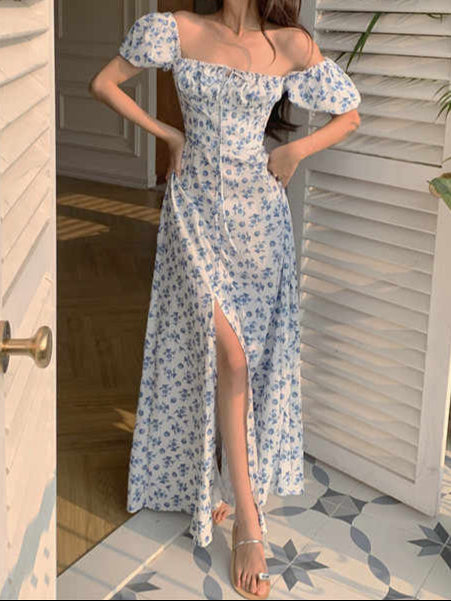 French Retro Blue Floral Maxi Dress