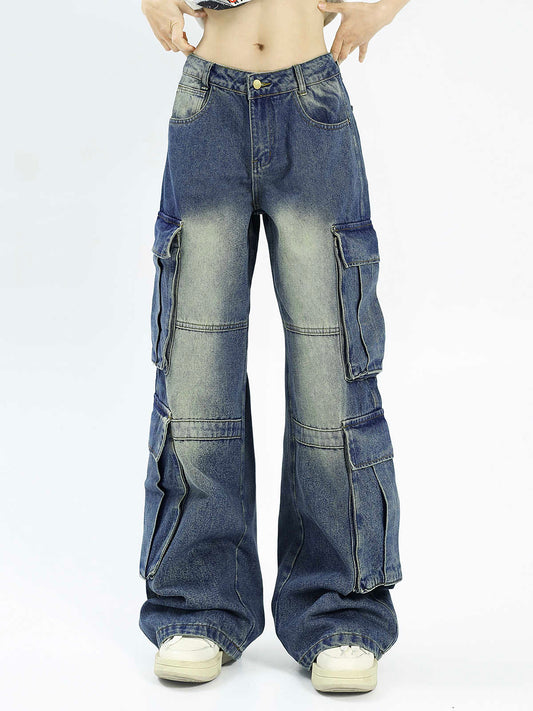 Retro Multi-pocket Wide-leg Jeans