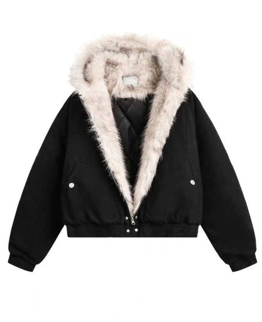 Retro Furry Fur Collar Hooded Jacket