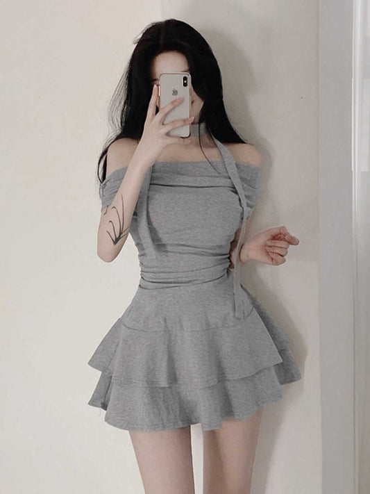 Off-shoulder Pleated Waist Dress