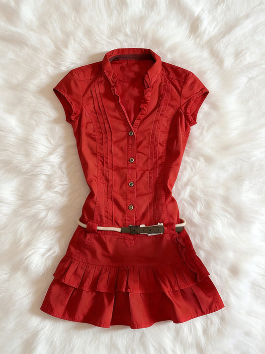 red sleeveless shirt dress