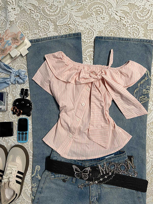 Retro Pink Off-shoulder Striped Shirt
