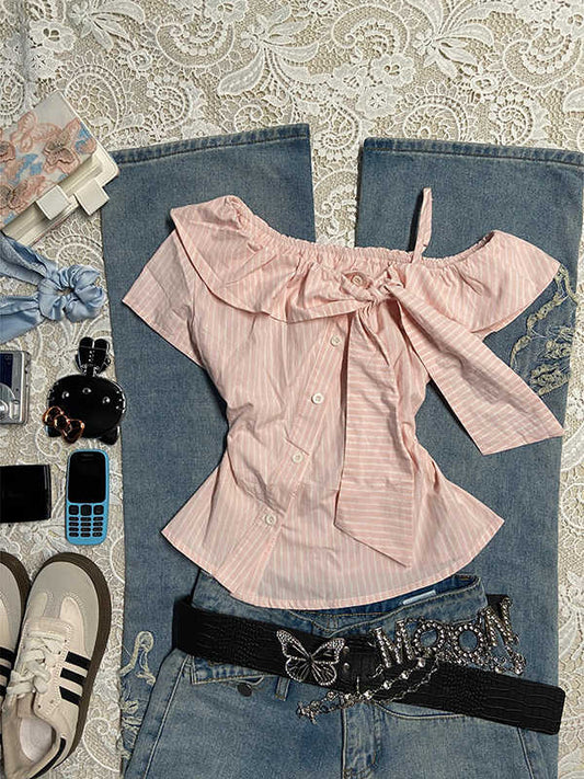 Retro Pink Off-shoulder Striped Shirt