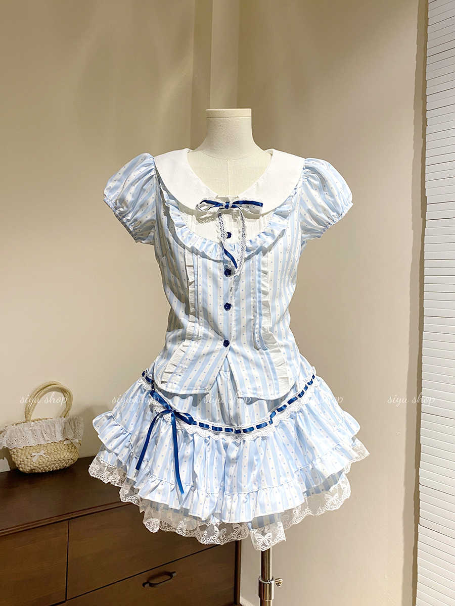 Retro Striped Bow Top Cake Skirt Suit