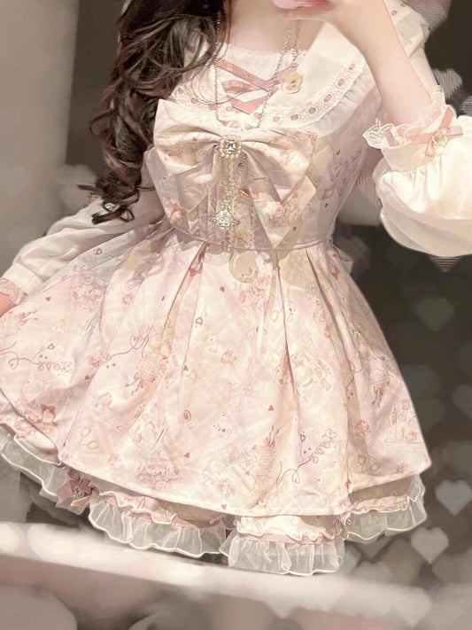 Pink Printed Bow Waist A-line Dress