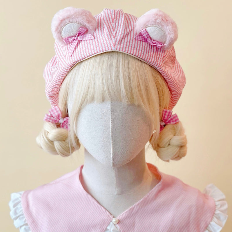 pink handmade plush bear ears beret