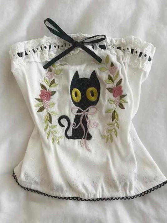 Black Cat Printed Crop Top