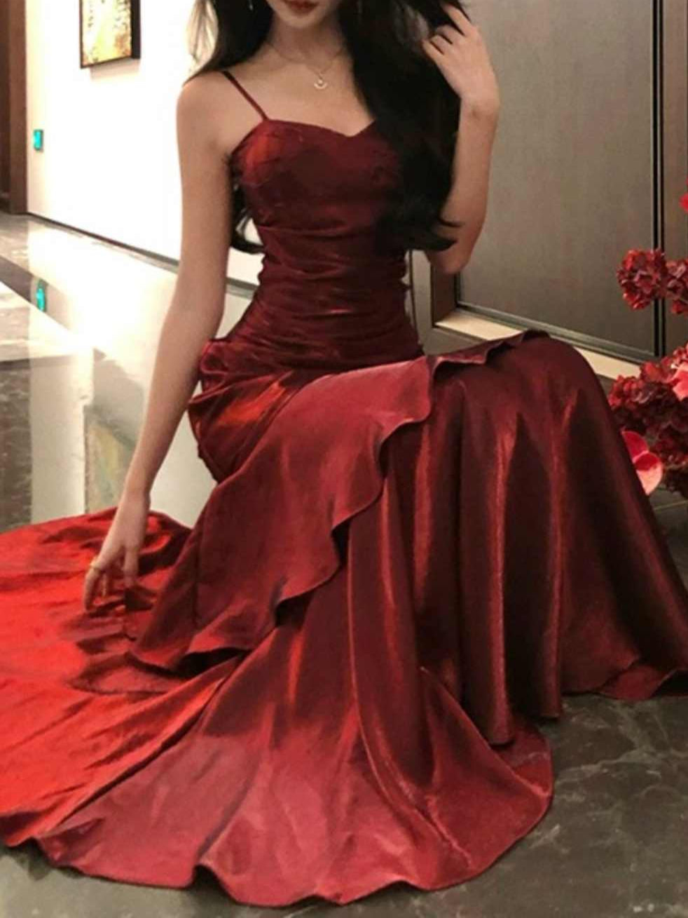 Burgundy Satin Fishtail Prom Dress