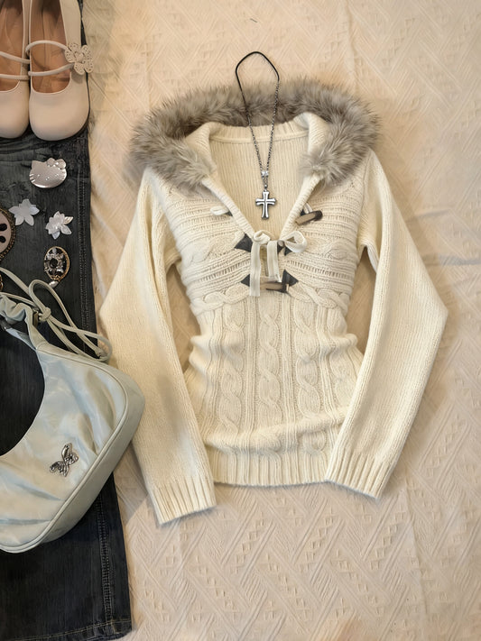 y2k vintage hooded fur collar sweater