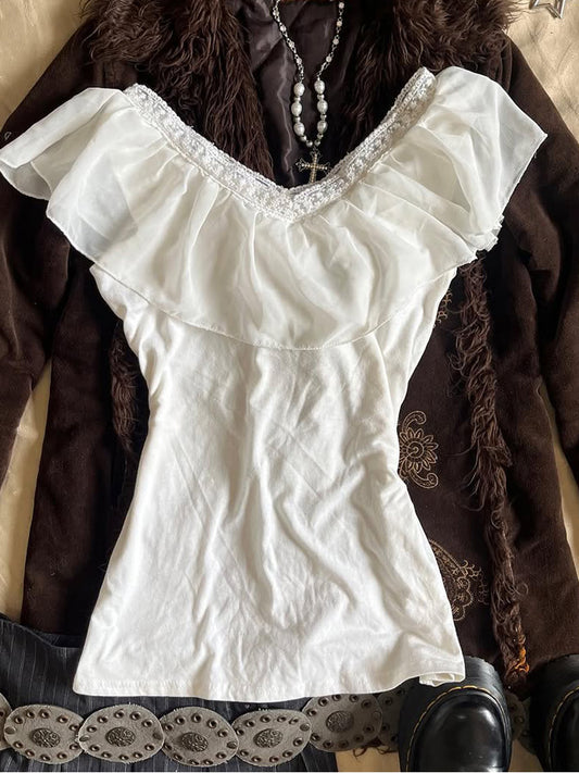 retro white v-neck ruffled shirt