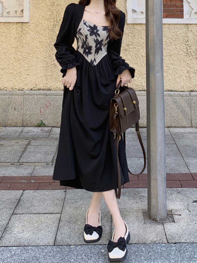 French Elegant Floral Long-sleeved Dress