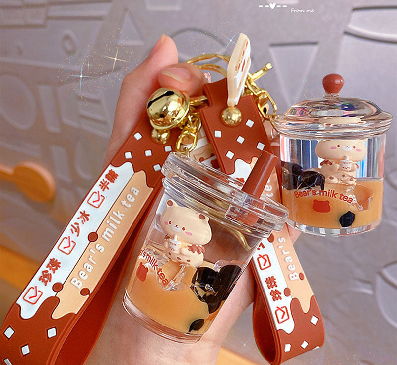 Pearl milk tea cup bear quicksand pendant