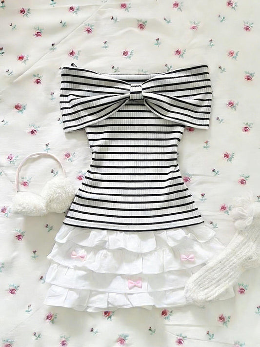 striped bow off-shoulder shirt