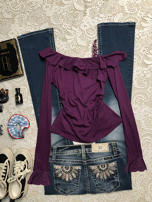 purple off-shoulder pleated long-sleeved Top
