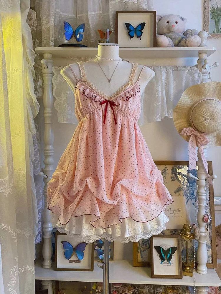 vintage polka dots pink ruffled dress