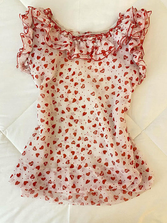 mesh hearts ruffled tank top