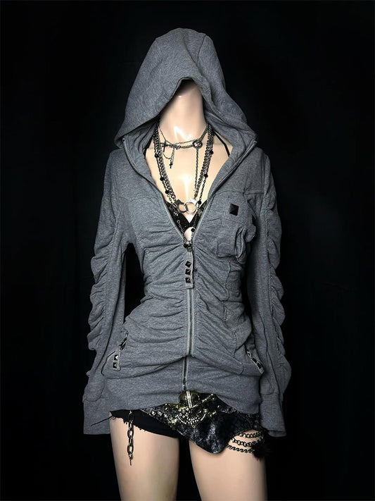 y2k American retro gray hooded jacket