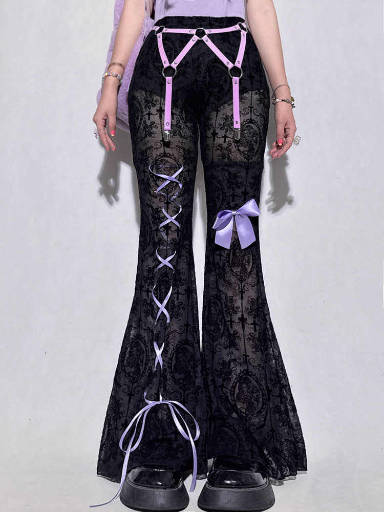 Y2k Mesh Lace Bell Bottom Pants