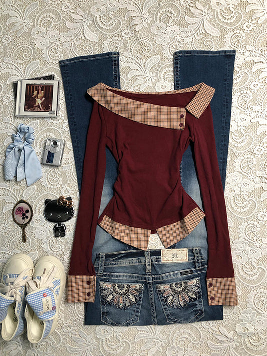 red slim fit one-line collar plaid long-sleeved top