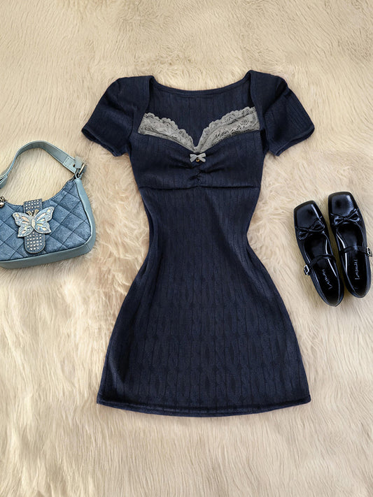 lace bow navy knit dress
