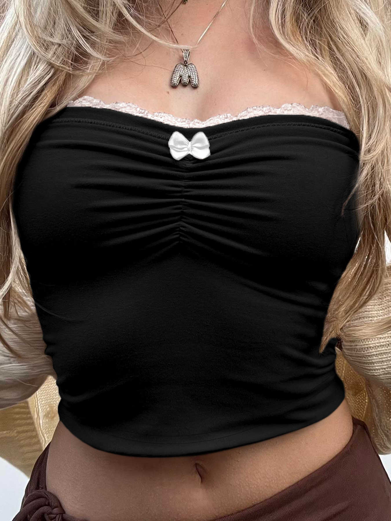 Bow Lace Dark Coquette Crop Top