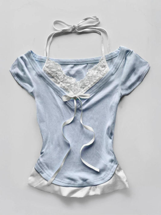 Vintage Fake Two-Piece Lace Cropped T-Shirt